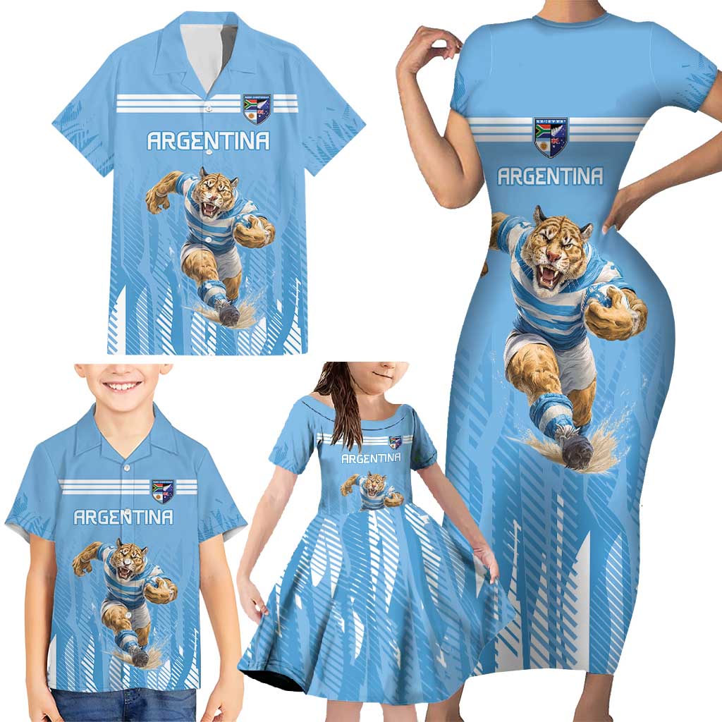 Argentina Rugby Custom Family Matching Short Sleeve Bodycon Dress and Hawaiian Shirt Glory Be To Pumas - Wonder Print Shop