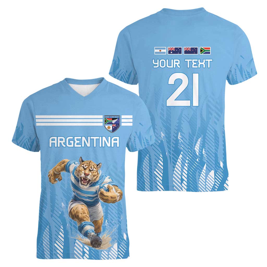 Argentina Rugby Custom Women V-Neck T-Shirt Glory Be To Pumas - Wonder Print Shop