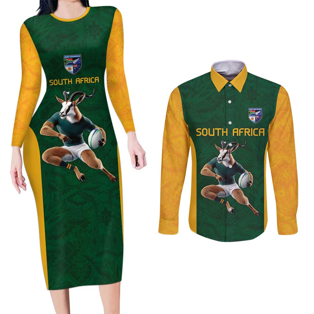 South Africa Rugby Custom Couples Matching Long Sleeve Bodycon Dress and Long Sleeve Button Shirt Glory Be To Springboks - Wonder Print Shop