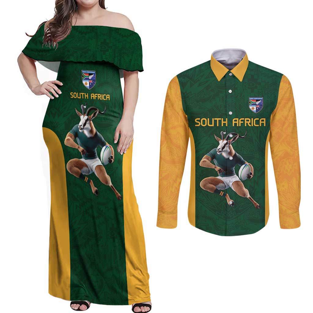 South Africa Rugby Custom Couples Matching Off Shoulder Maxi Dress and Long Sleeve Button Shirt Glory Be To Springboks - Wonder Print Shop