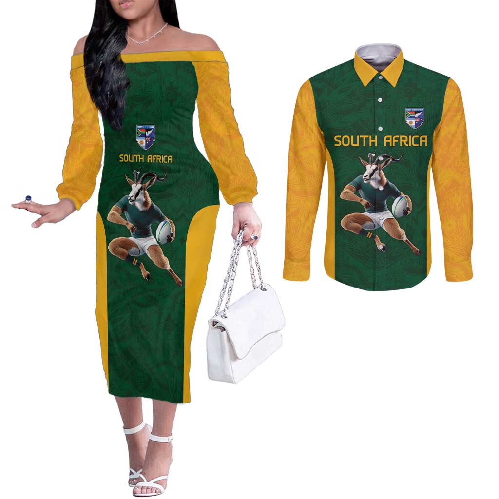 South Africa Rugby Custom Couples Matching Off The Shoulder Long Sleeve Dress and Long Sleeve Button Shirt Glory Be To Springboks - Wonder Print Shop