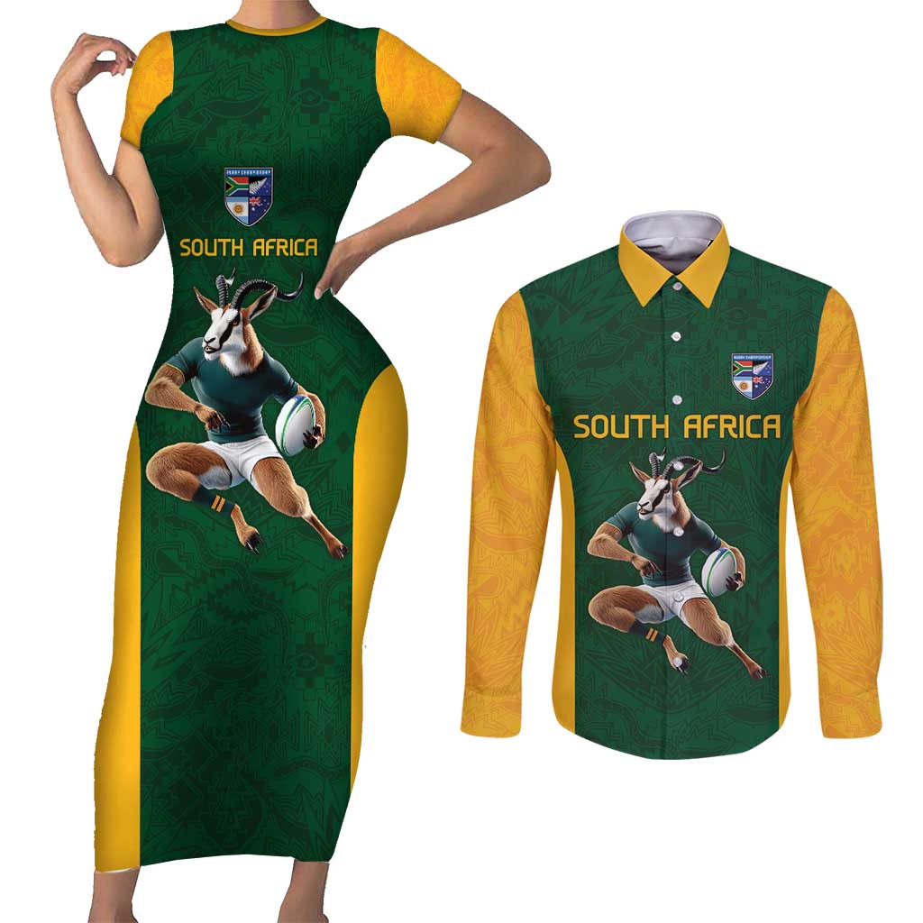 South Africa Rugby Custom Couples Matching Short Sleeve Bodycon Dress and Long Sleeve Button Shirt Glory Be To Springboks - Wonder Print Shop