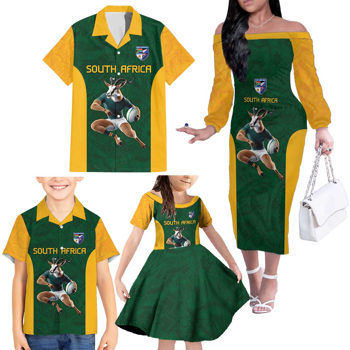South Africa Rugby Custom Family Matching Off The Shoulder Long Sleeve Dress and Hawaiian Shirt Glory Be To Springboks - Wonder Print Shop