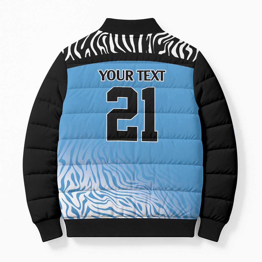 Botswana Cricket Custom Bomber Puffer Jacket Baggy Blues Zebra Skins Pattern - Wonder Print Shop