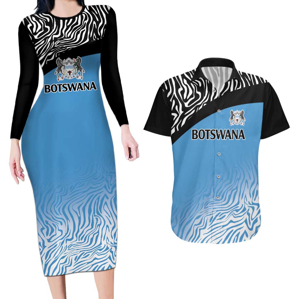 Botswana Cricket Custom Couples Matching Long Sleeve Bodycon Dress and Hawaiian Shirt Baggy Blues Zebra Skins Pattern - Wonder Print Shop