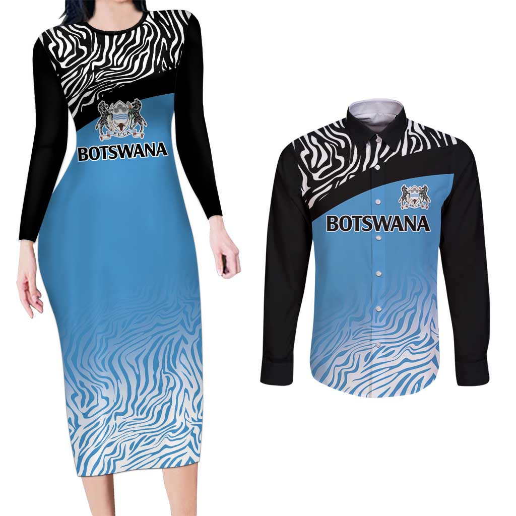 Botswana Cricket Custom Couples Matching Long Sleeve Bodycon Dress and Long Sleeve Button Shirt Baggy Blues Zebra Skins Pattern - Wonder Print Shop