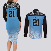 Botswana Cricket Custom Couples Matching Long Sleeve Bodycon Dress and Long Sleeve Button Shirt Baggy Blues Zebra Skins Pattern - Wonder Print Shop