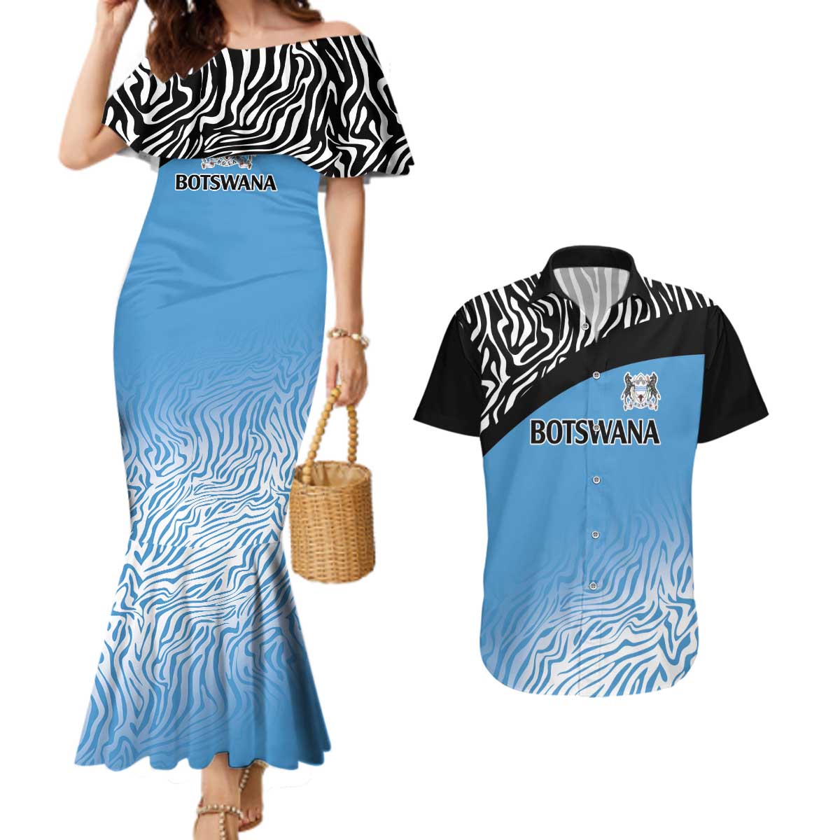 Botswana Cricket Custom Couples Matching Mermaid Dress and Hawaiian Shirt Baggy Blues Zebra Skins Pattern - Wonder Print Shop