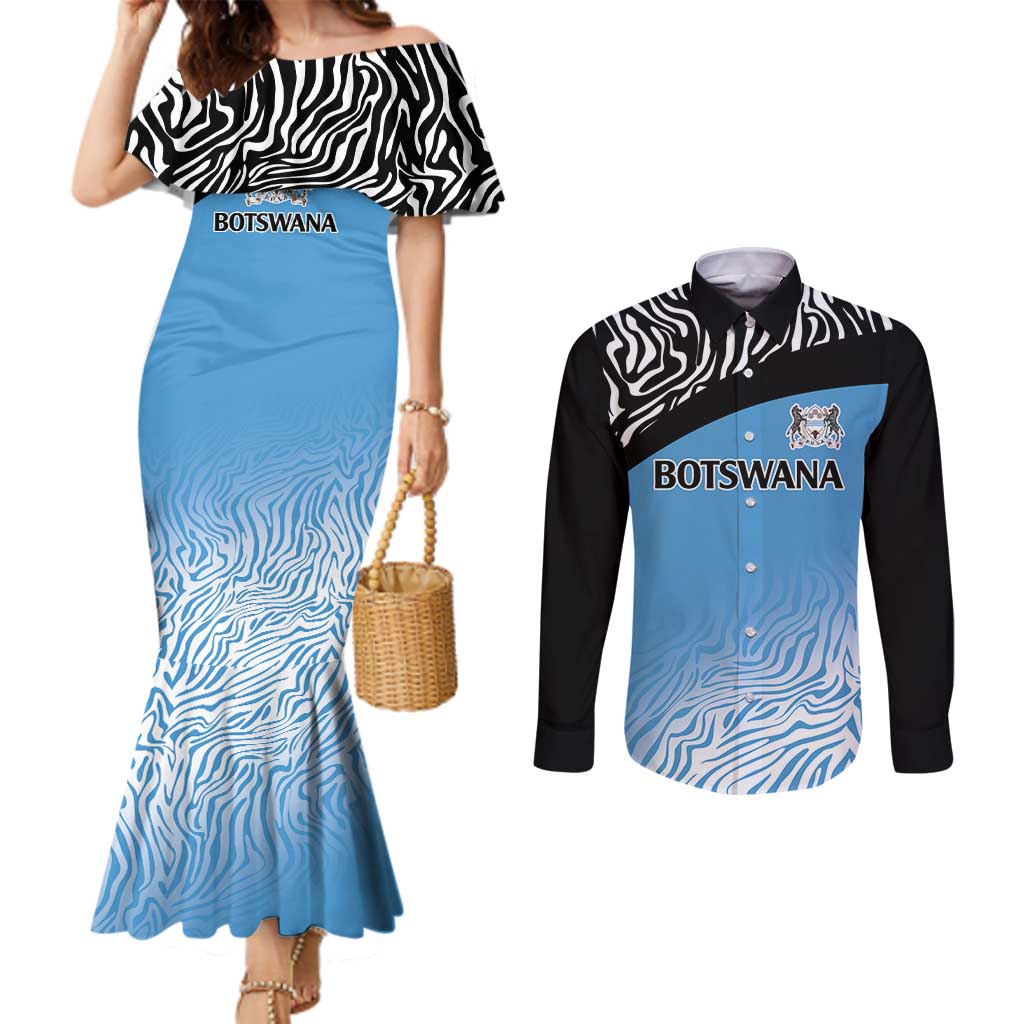 Botswana Cricket Custom Couples Matching Mermaid Dress and Long Sleeve Button Shirt Baggy Blues Zebra Skins Pattern - Wonder Print Shop