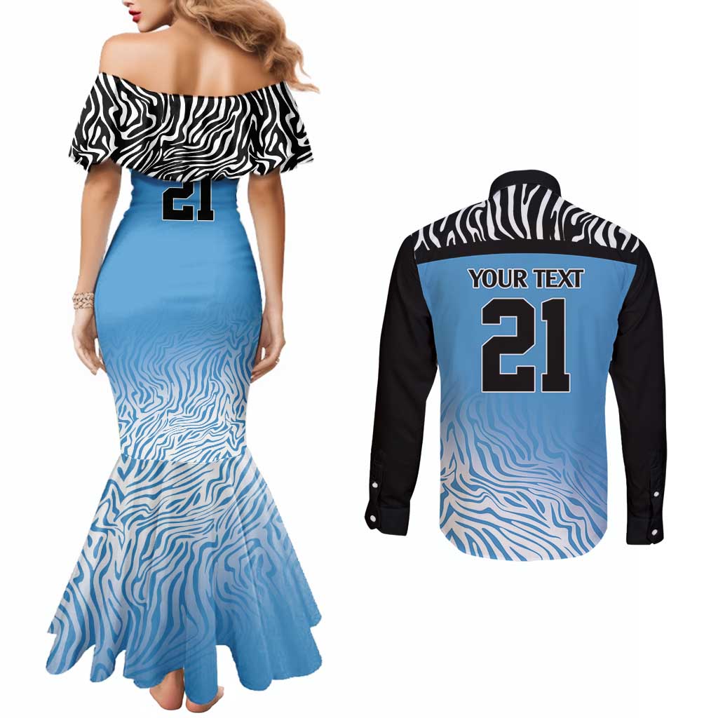 Botswana Cricket Custom Couples Matching Mermaid Dress and Long Sleeve Button Shirt Baggy Blues Zebra Skins Pattern - Wonder Print Shop