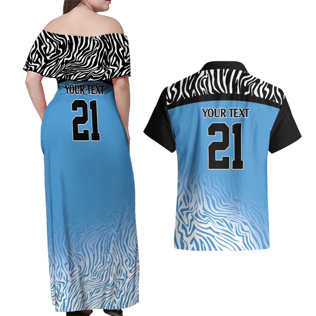 Botswana Cricket Custom Couples Matching Off Shoulder Maxi Dress and Hawaiian Shirt Baggy Blues Zebra Skins Pattern - Wonder Print Shop