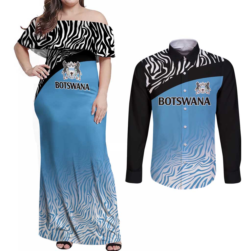 Botswana Cricket Custom Couples Matching Off Shoulder Maxi Dress and Long Sleeve Button Shirt Baggy Blues Zebra Skins Pattern - Wonder Print Shop