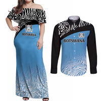 Botswana Cricket Custom Couples Matching Off Shoulder Maxi Dress and Long Sleeve Button Shirt Baggy Blues Zebra Skins Pattern - Wonder Print Shop