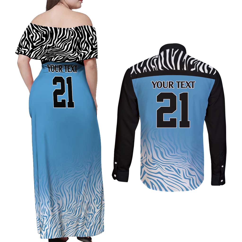 Botswana Cricket Custom Couples Matching Off Shoulder Maxi Dress and Long Sleeve Button Shirt Baggy Blues Zebra Skins Pattern - Wonder Print Shop