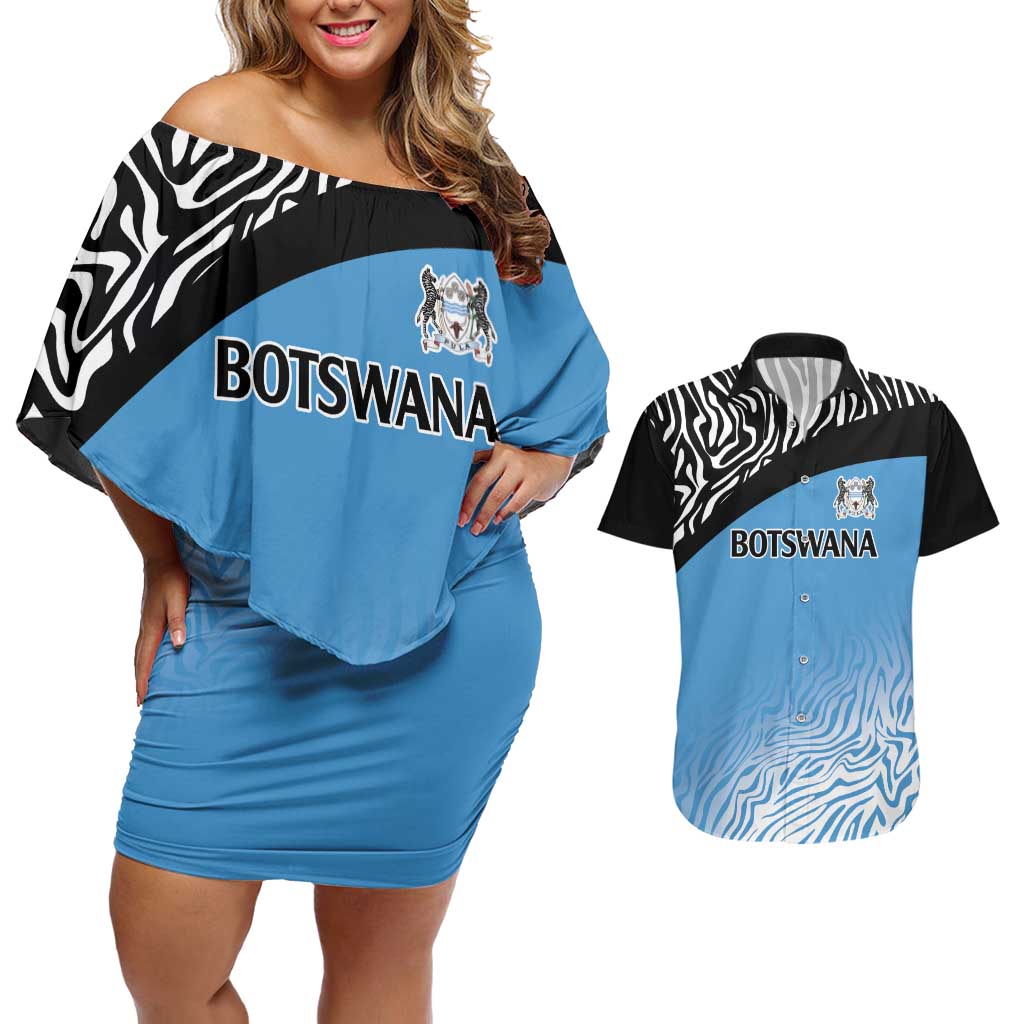 Botswana Cricket Custom Couples Matching Off Shoulder Short Dress and Hawaiian Shirt Baggy Blues Zebra Skins Pattern - Wonder Print Shop