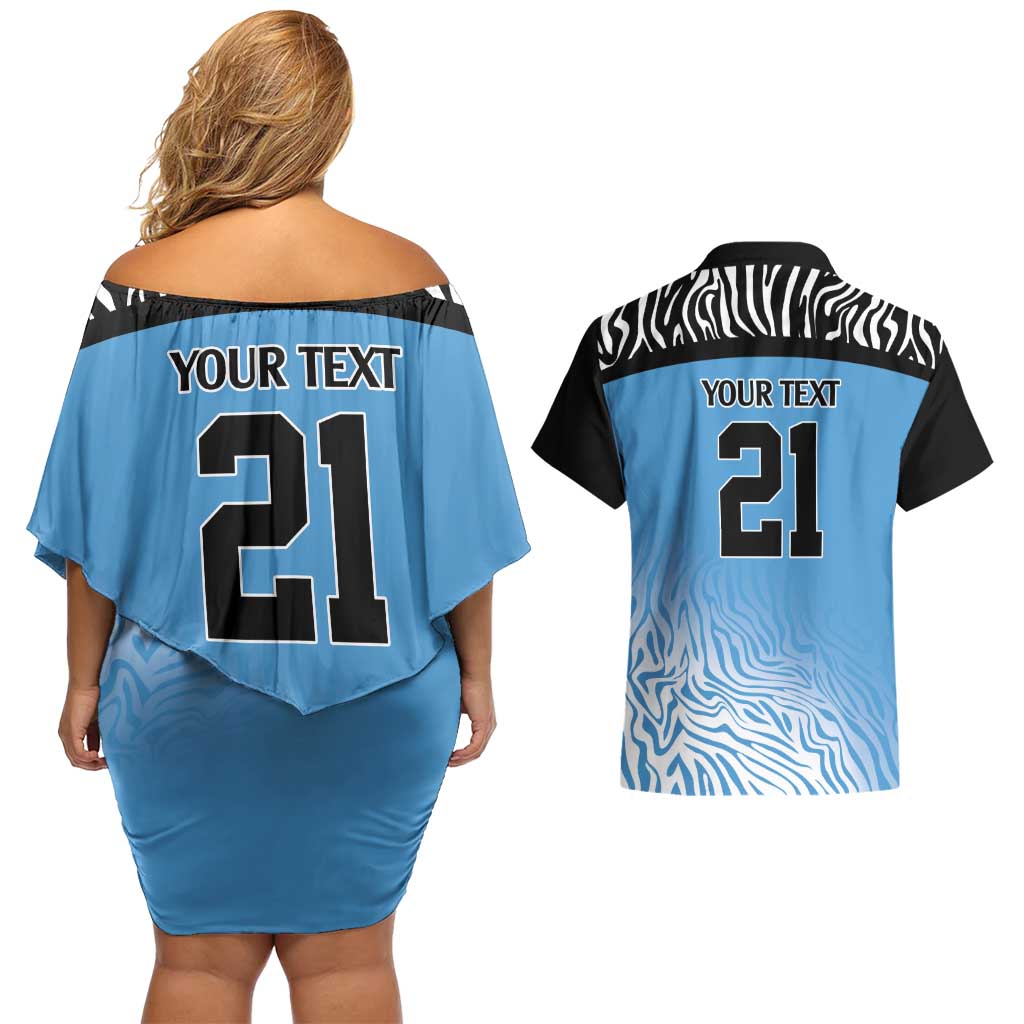 Botswana Cricket Custom Couples Matching Off Shoulder Short Dress and Hawaiian Shirt Baggy Blues Zebra Skins Pattern - Wonder Print Shop