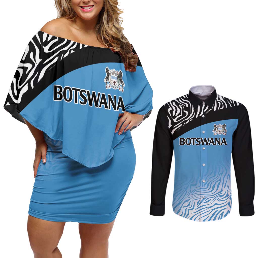 Botswana Cricket Custom Couples Matching Off Shoulder Short Dress and Long Sleeve Button Shirt Baggy Blues Zebra Skins Pattern - Wonder Print Shop