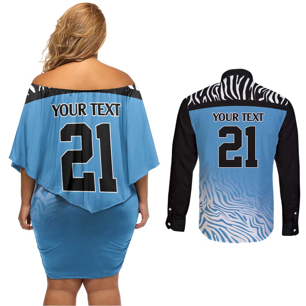 Botswana Cricket Custom Couples Matching Off Shoulder Short Dress and Long Sleeve Button Shirt Baggy Blues Zebra Skins Pattern - Wonder Print Shop