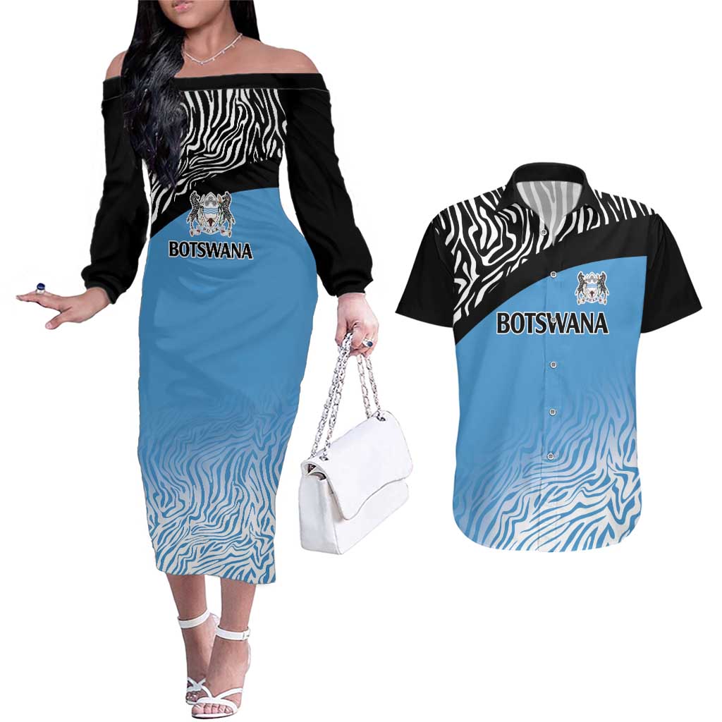 Botswana Cricket Custom Couples Matching Off The Shoulder Long Sleeve Dress and Hawaiian Shirt Baggy Blues Zebra Skins Pattern - Wonder Print Shop