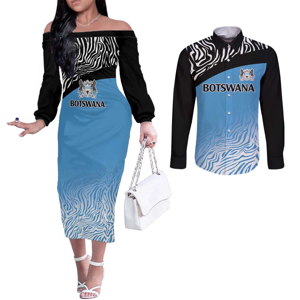Botswana Cricket Custom Couples Matching Off The Shoulder Long Sleeve Dress and Long Sleeve Button Shirt Baggy Blues Zebra Skins Pattern - Wonder Print Shop