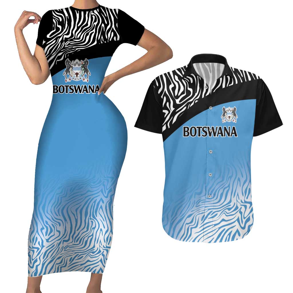 Botswana Cricket Custom Couples Matching Short Sleeve Bodycon Dress and Hawaiian Shirt Baggy Blues Zebra Skins Pattern - Wonder Print Shop
