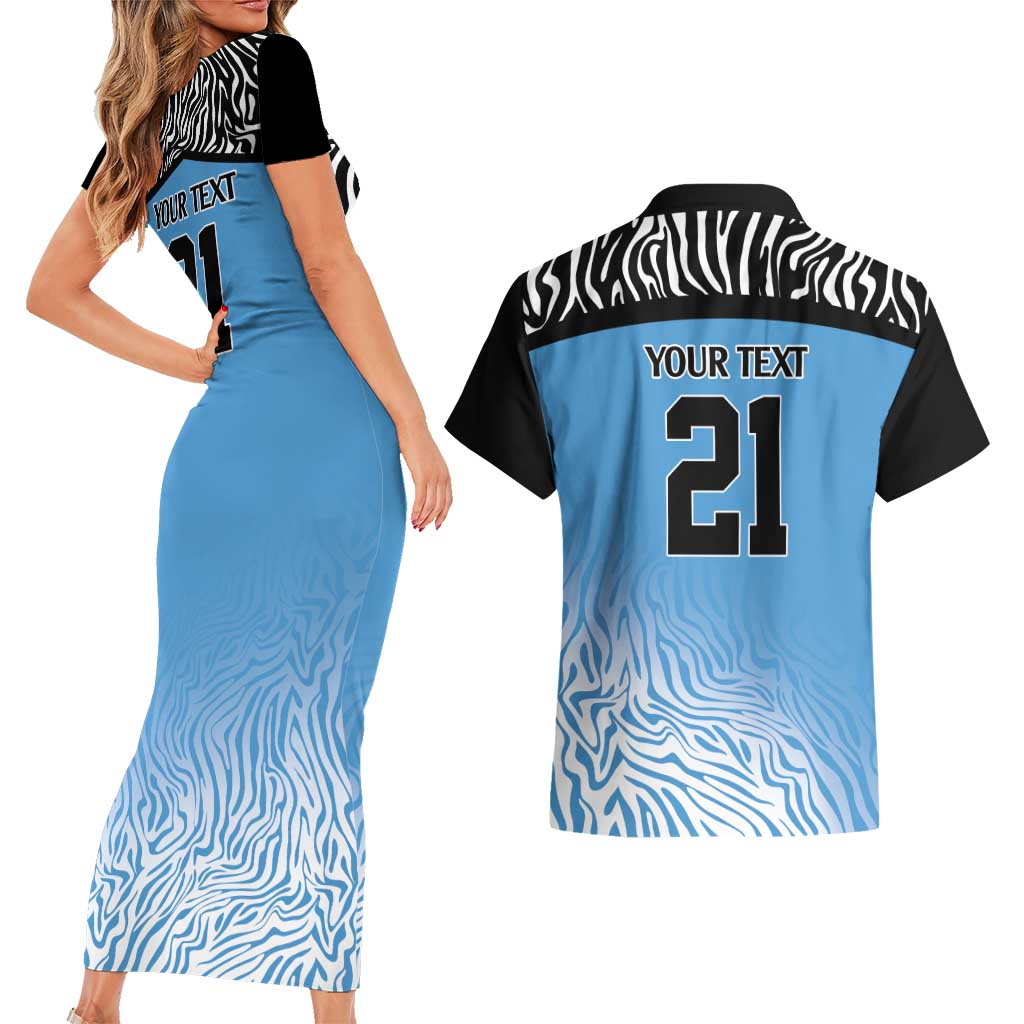 Botswana Cricket Custom Couples Matching Short Sleeve Bodycon Dress and Hawaiian Shirt Baggy Blues Zebra Skins Pattern - Wonder Print Shop