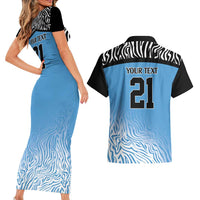 Botswana Cricket Custom Couples Matching Short Sleeve Bodycon Dress and Hawaiian Shirt Baggy Blues Zebra Skins Pattern - Wonder Print Shop