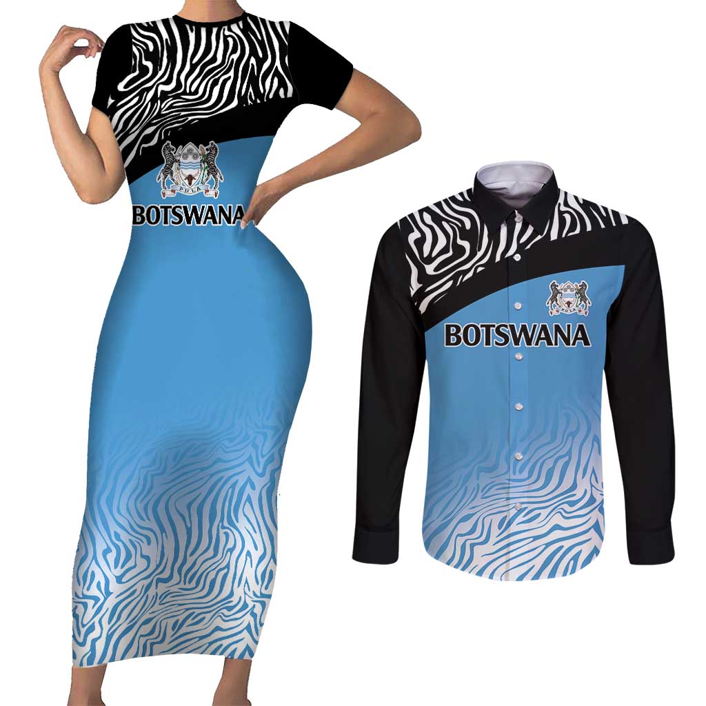 Botswana Cricket Custom Couples Matching Short Sleeve Bodycon Dress and Long Sleeve Button Shirt Baggy Blues Zebra Skins Pattern - Wonder Print Shop
