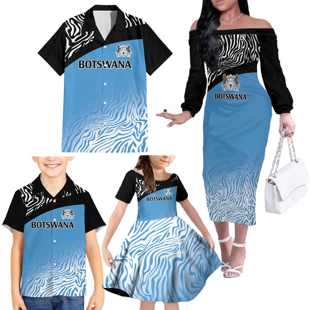 Botswana Cricket Custom Family Matching Off The Shoulder Long Sleeve Dress and Hawaiian Shirt Baggy Blues Zebra Skins Pattern - Wonder Print Shop