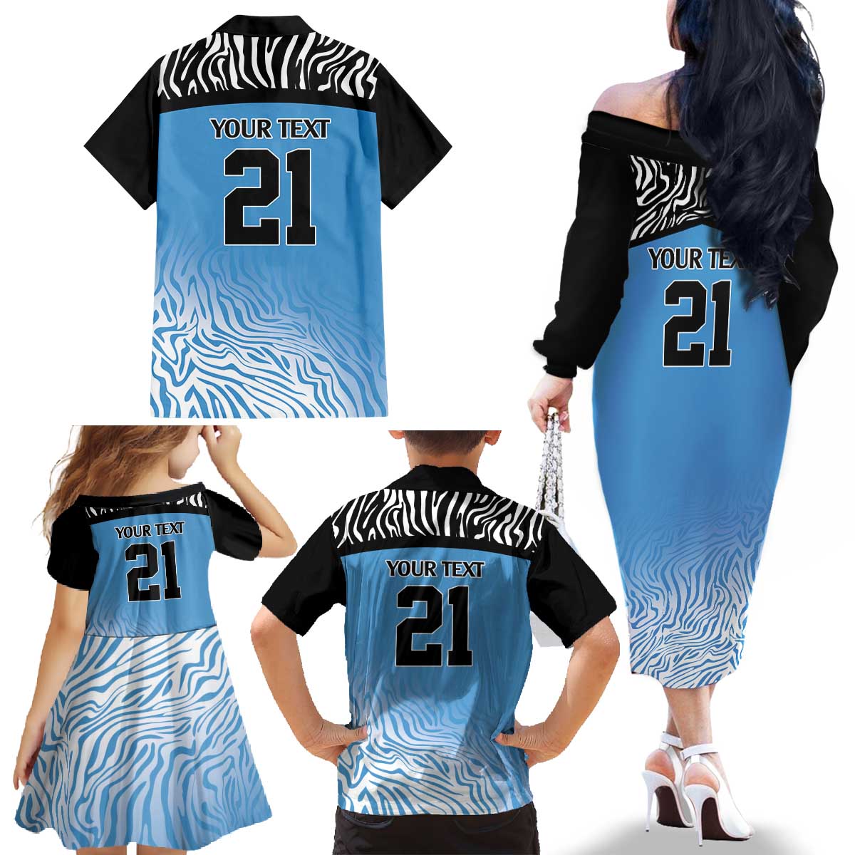 Botswana Cricket Custom Family Matching Off The Shoulder Long Sleeve Dress and Hawaiian Shirt Baggy Blues Zebra Skins Pattern - Wonder Print Shop