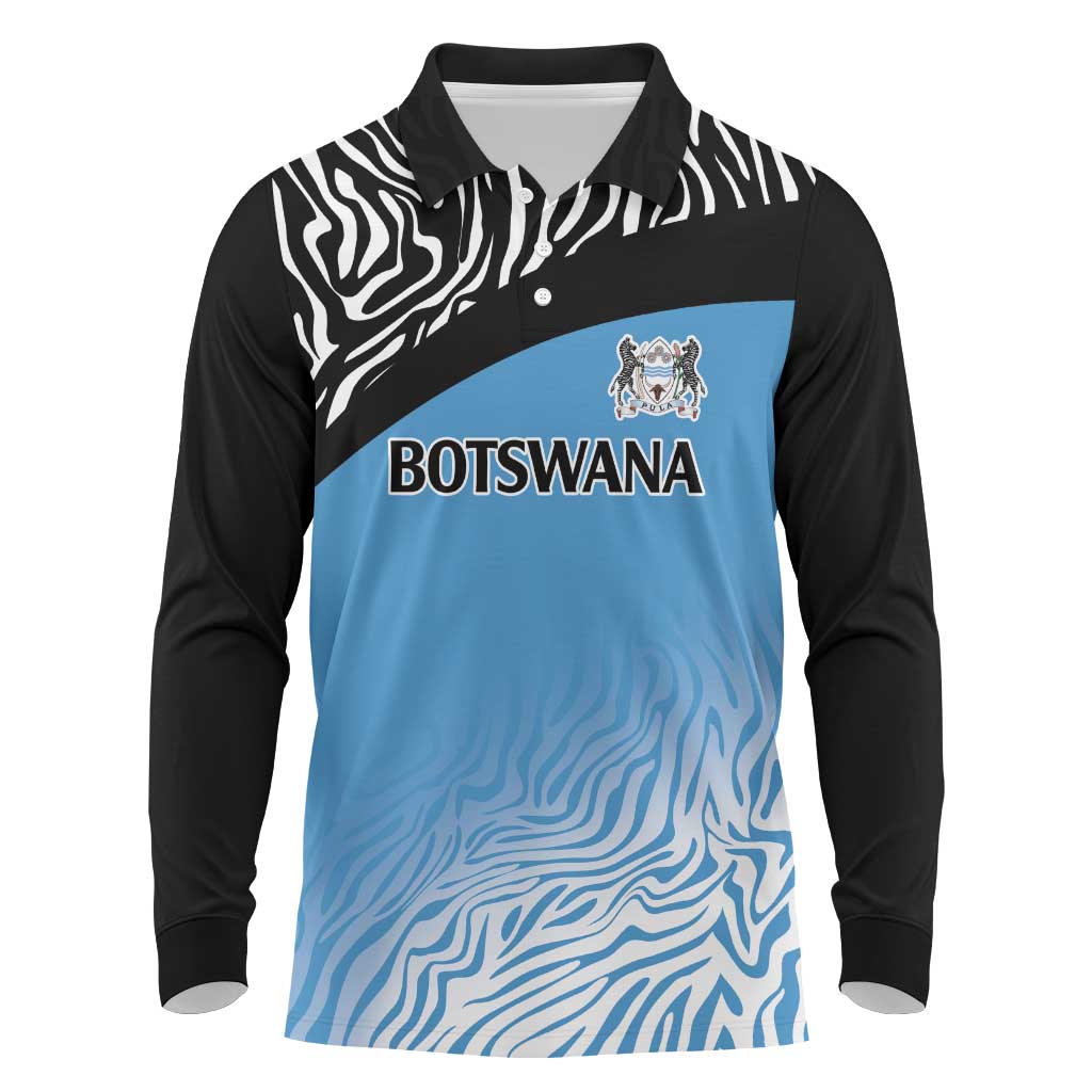 Botswana Cricket Custom Long Sleeve Polo Shirt Baggy Blues Zebra Skins Pattern - Wonder Print Shop