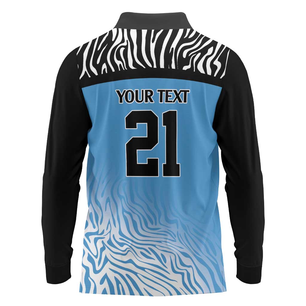 Botswana Cricket Custom Long Sleeve Polo Shirt Baggy Blues Zebra Skins Pattern - Wonder Print Shop
