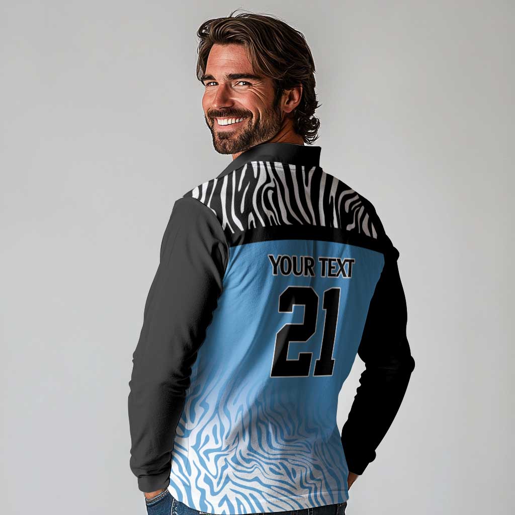 Botswana Cricket Custom Long Sleeve Polo Shirt Baggy Blues Zebra Skins Pattern - Wonder Print Shop