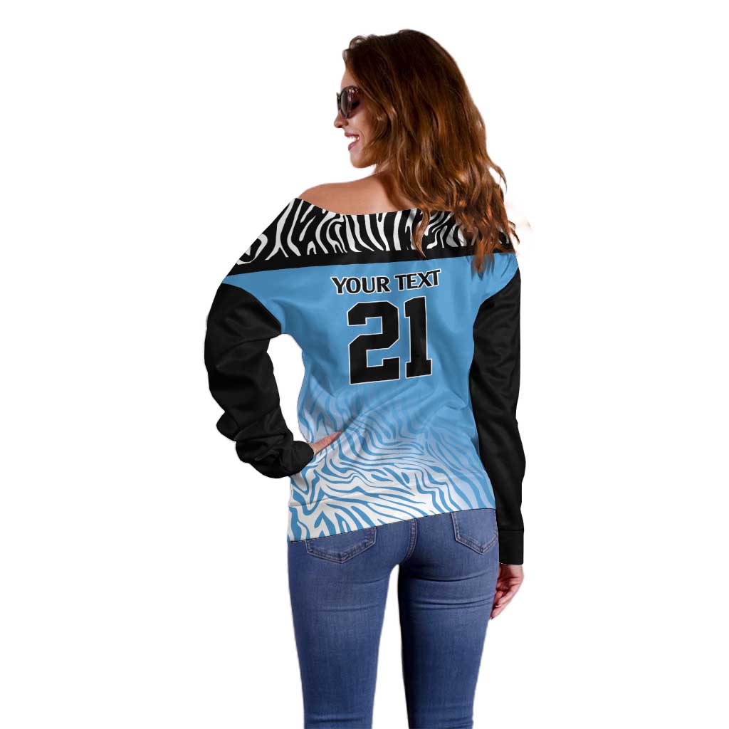 Botswana Cricket Custom Off Shoulder Sweater Baggy Blues Zebra Skins Pattern - Wonder Print Shop