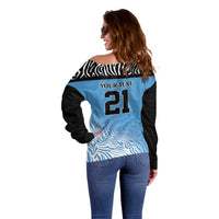 Botswana Cricket Custom Off Shoulder Sweater Baggy Blues Zebra Skins Pattern - Wonder Print Shop