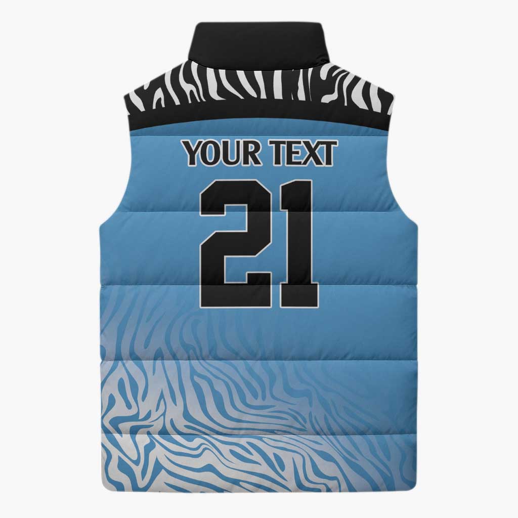 Botswana Cricket Custom Sleeveless Puffer Jacket Baggy Blues Zebra Skins Pattern - Wonder Print Shop