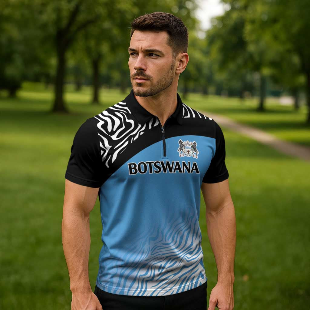 Botswana Cricket Custom Zipper Polo Shirt Baggy Blues Zebra Skins Pattern - Wonder Print Shop