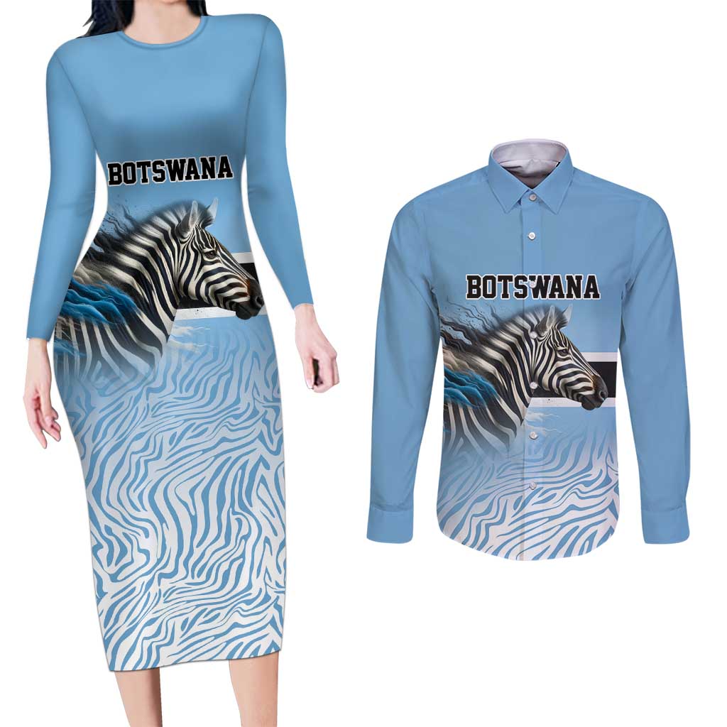 Botswana Independence Day 1966 Couples Matching Long Sleeve Bodycon Dress and Long Sleeve Button Shirt Tribal Zebra Skins Pattern - Wonder Print Shop