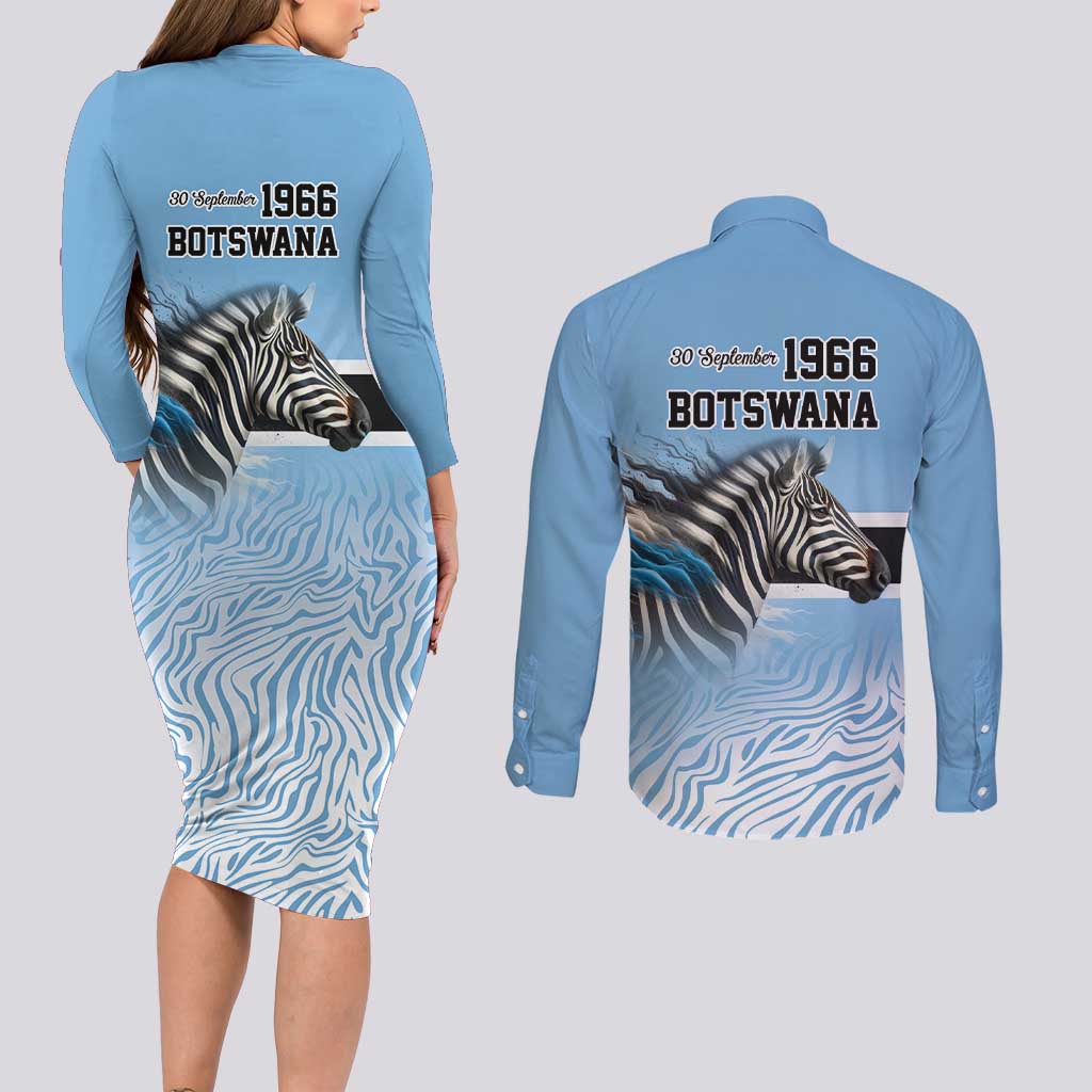 Botswana Independence Day 1966 Couples Matching Long Sleeve Bodycon Dress and Long Sleeve Button Shirt Tribal Zebra Skins Pattern - Wonder Print Shop