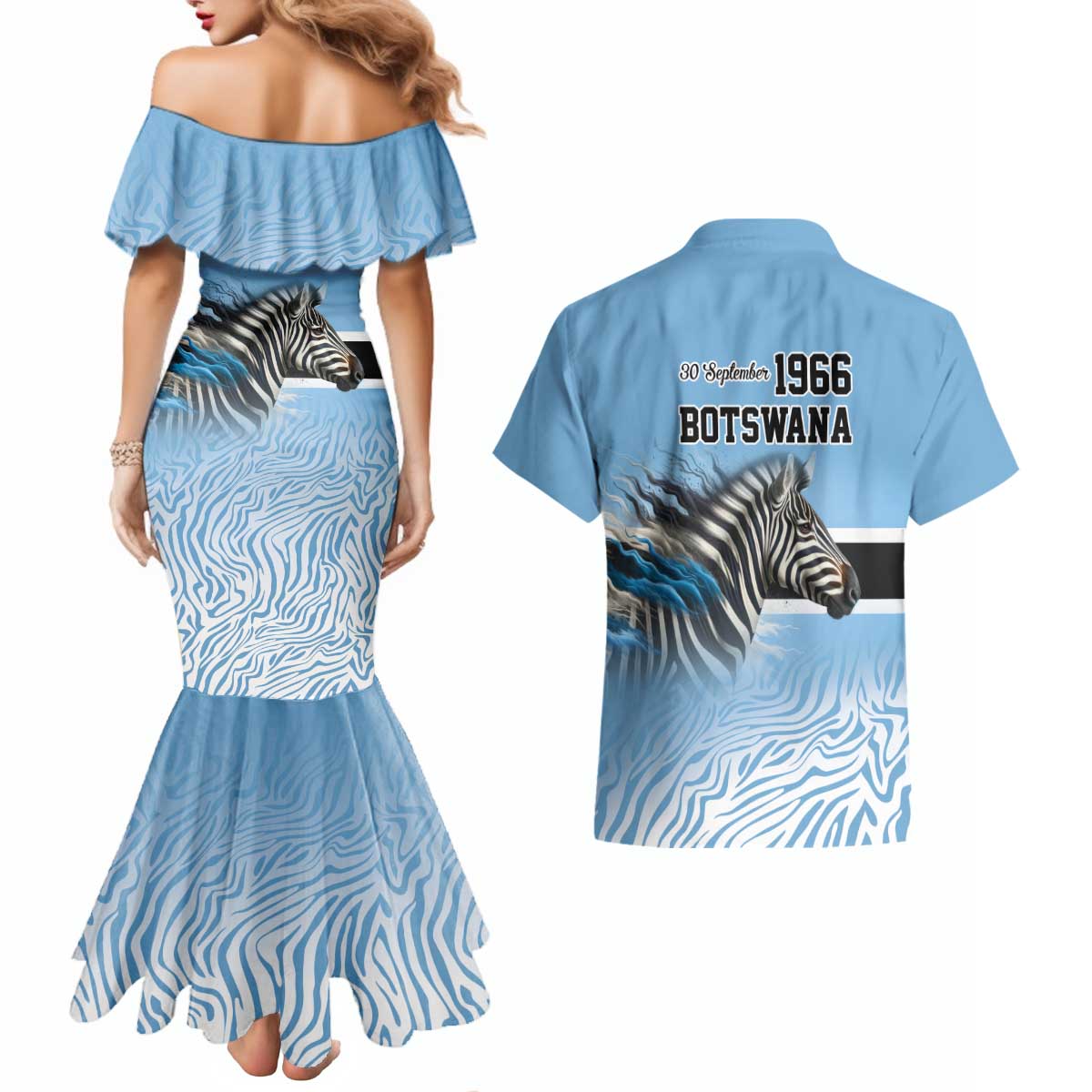 Botswana Independence Day 1966 Couples Matching Mermaid Dress and Hawaiian Shirt Tribal Zebra Skins Pattern - Wonder Print Shop