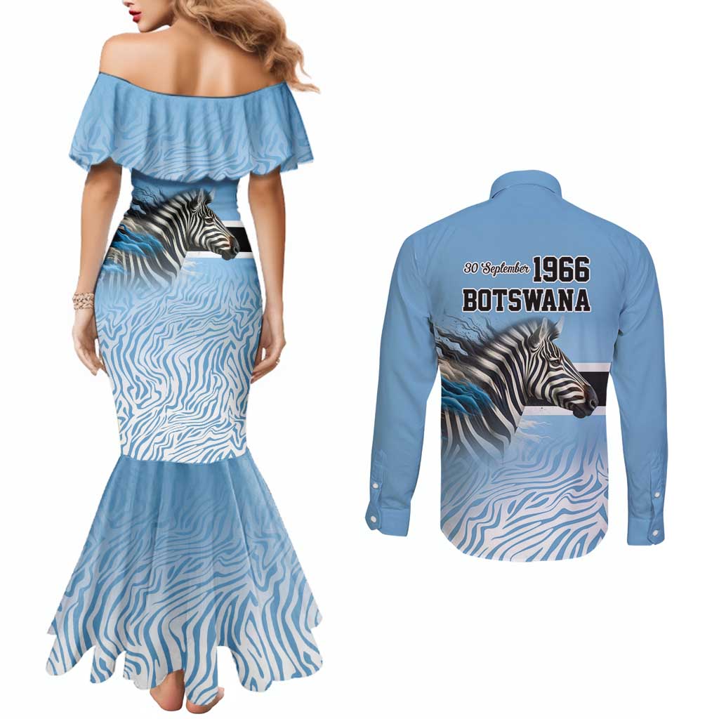 Botswana Independence Day 1966 Couples Matching Mermaid Dress and Long Sleeve Button Shirt Tribal Zebra Skins Pattern - Wonder Print Shop