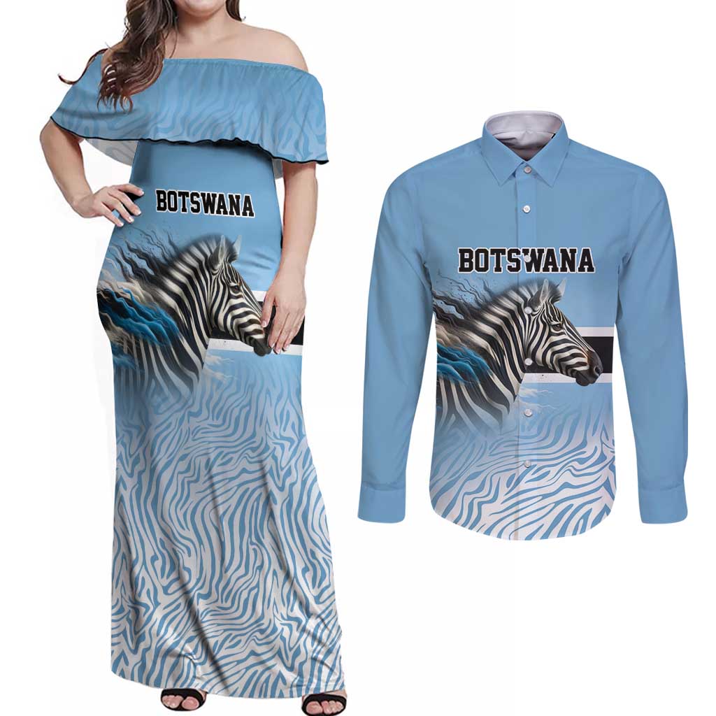 Botswana Independence Day 1966 Couples Matching Off Shoulder Maxi Dress and Long Sleeve Button Shirt Tribal Zebra Skins Pattern - Wonder Print Shop