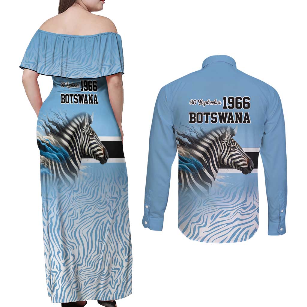 Botswana Independence Day 1966 Couples Matching Off Shoulder Maxi Dress and Long Sleeve Button Shirt Tribal Zebra Skins Pattern - Wonder Print Shop