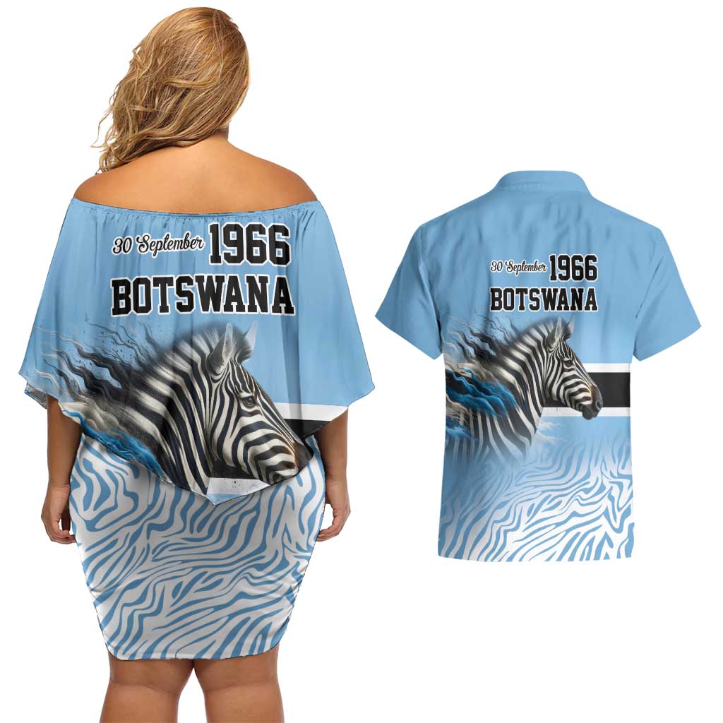 Botswana Independence Day 1966 Couples Matching Off Shoulder Short Dress and Hawaiian Shirt Tribal Zebra Skins Pattern - Wonder Print Shop