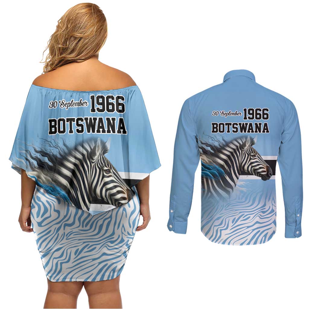 Botswana Independence Day 1966 Couples Matching Off Shoulder Short Dress and Long Sleeve Button Shirt Tribal Zebra Skins Pattern - Wonder Print Shop