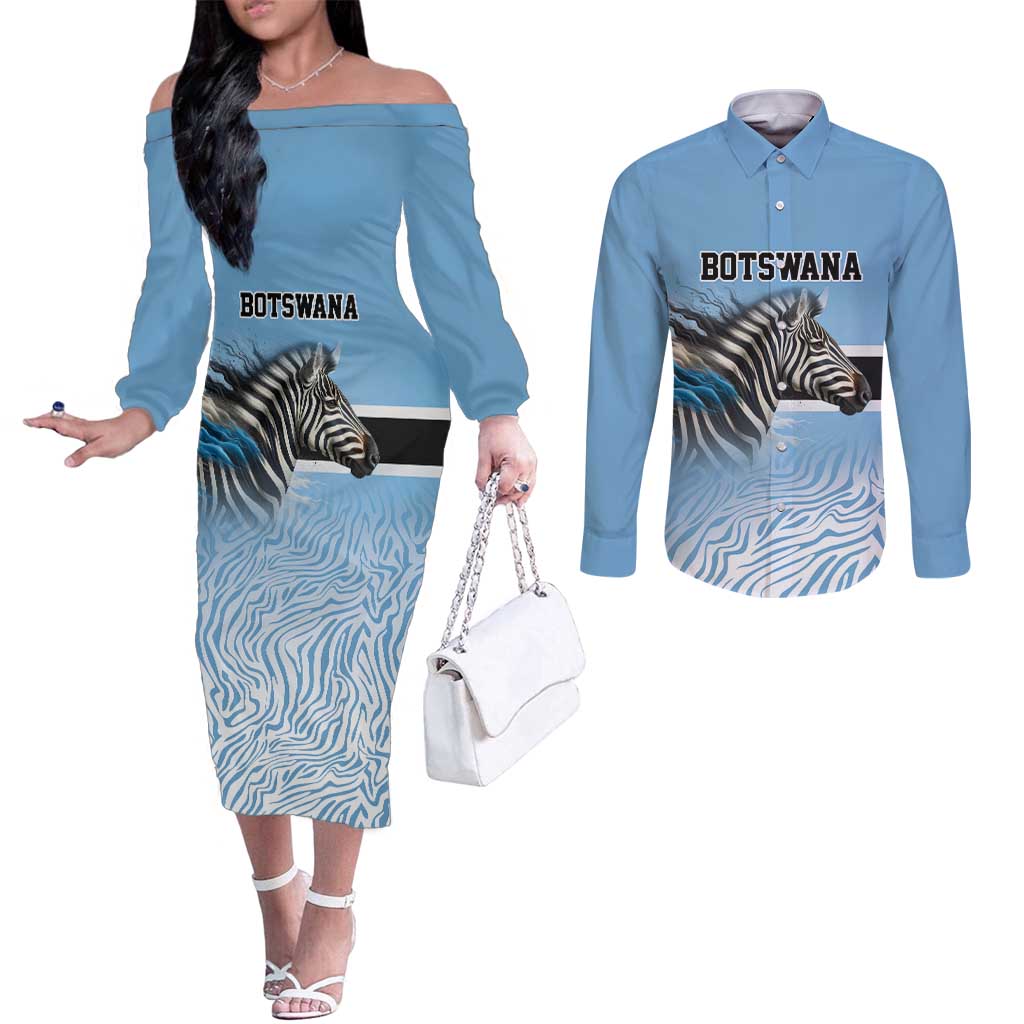 Botswana Independence Day 1966 Couples Matching Off The Shoulder Long Sleeve Dress and Long Sleeve Button Shirt Tribal Zebra Skins Pattern - Wonder Print Shop