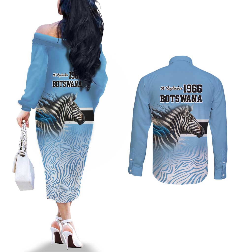 Botswana Independence Day 1966 Couples Matching Off The Shoulder Long Sleeve Dress and Long Sleeve Button Shirt Tribal Zebra Skins Pattern - Wonder Print Shop