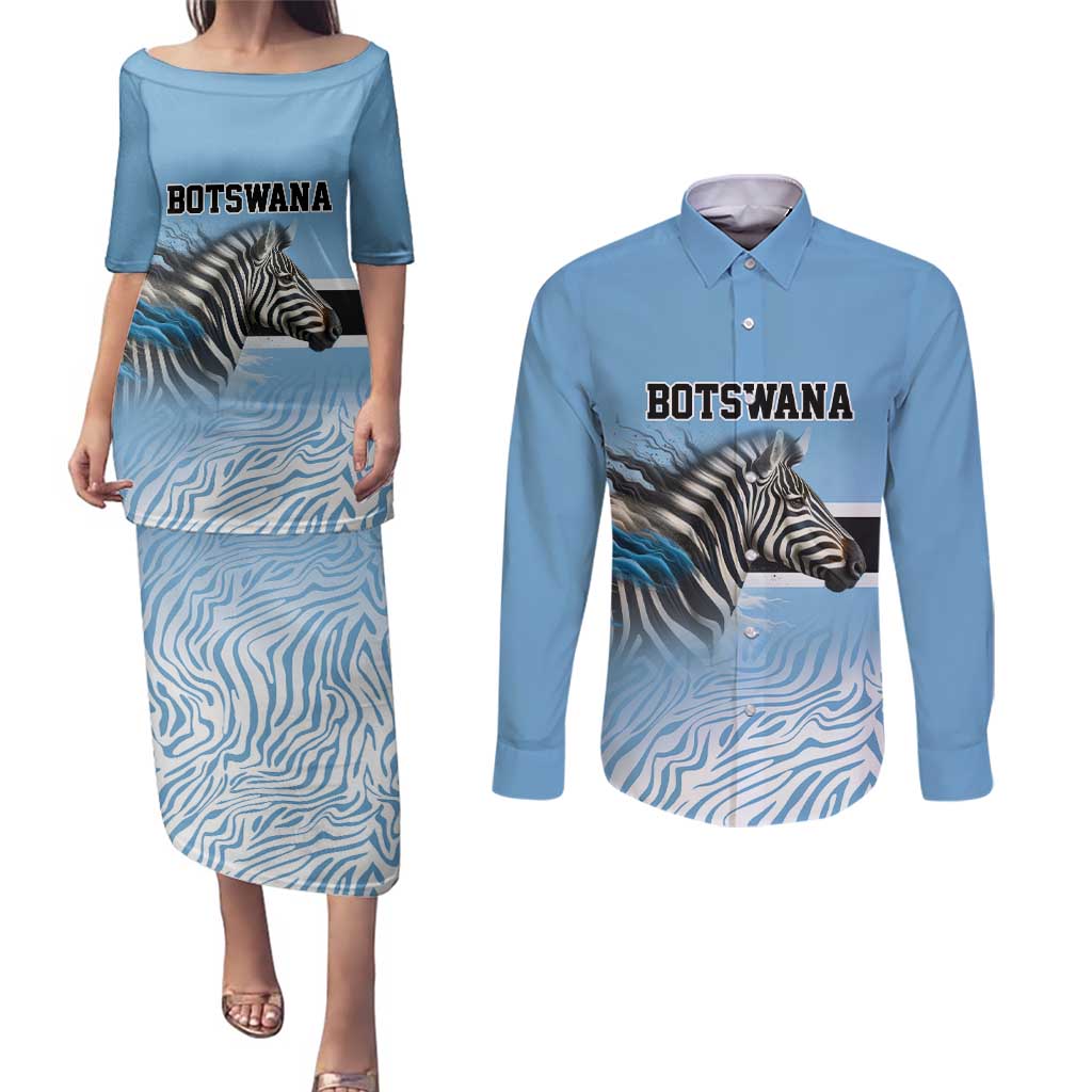 Botswana Independence Day 1966 Couples Matching Puletasi and Long Sleeve Button Shirt Tribal Zebra Skins Pattern - Wonder Print Shop