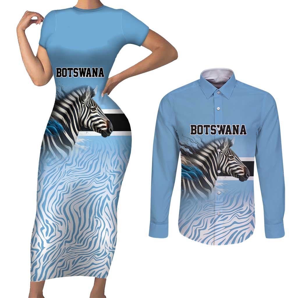 Botswana Independence Day 1966 Couples Matching Short Sleeve Bodycon Dress and Long Sleeve Button Shirt Tribal Zebra Skins Pattern - Wonder Print Shop