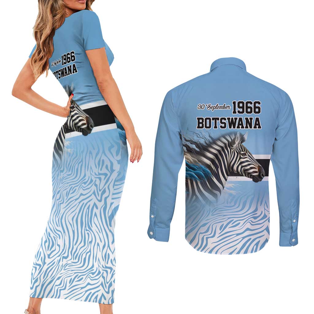 Botswana Independence Day 1966 Couples Matching Short Sleeve Bodycon Dress and Long Sleeve Button Shirt Tribal Zebra Skins Pattern - Wonder Print Shop